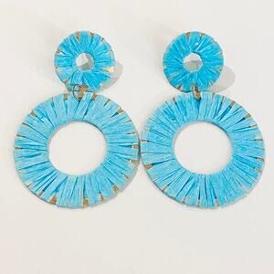Aqua Raffia Wrapped Circle Drop Earrings